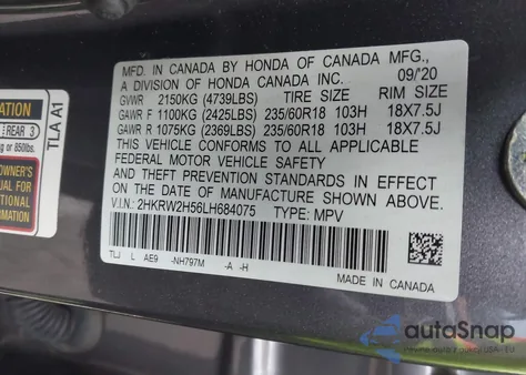 2020 Honda Cr-V Awd Ex из США, поврежденный, VIN 2HKRW2H56LH684075